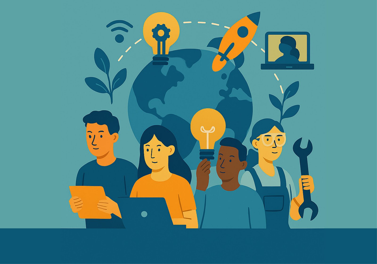 Illustration of diverse people collaborating with symbols of innovation, technology, and global connection.